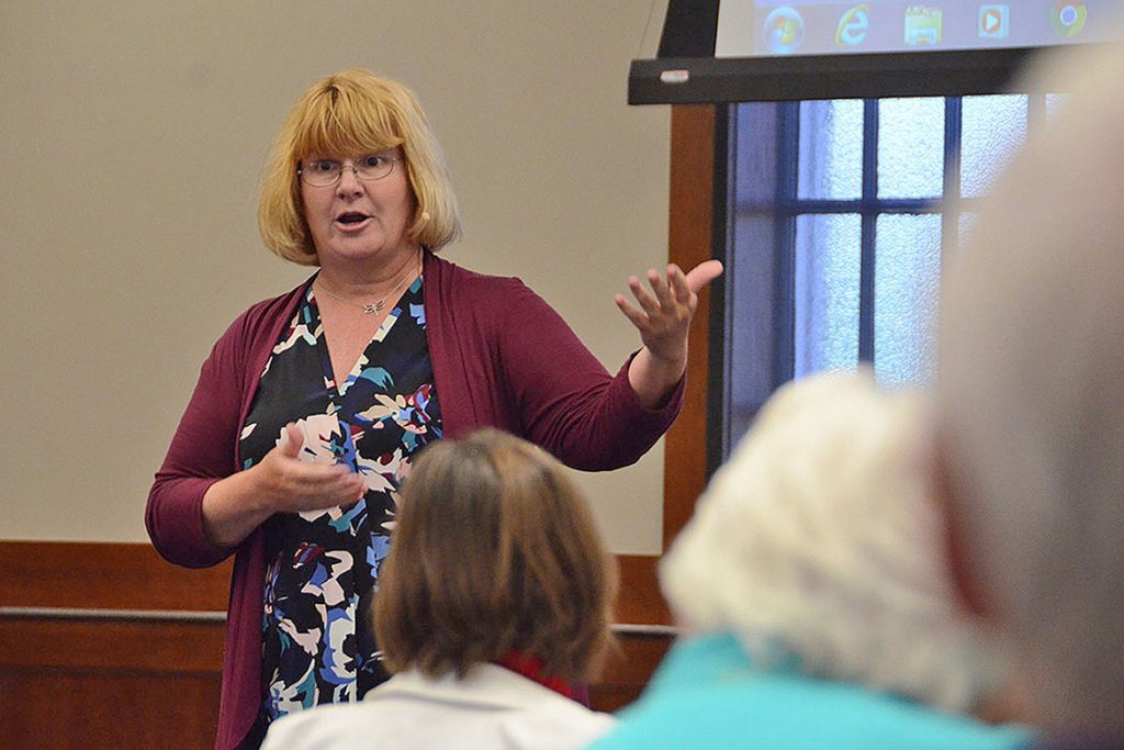 Janet McCormick, an MTSU communication studies professor, makes a point inside the MT Center during her “The Lost Art of Listening Course” held May 6 at the Ingram Building as part of the 2019 Lifelong Learning Program hosted by the College of Liberal Arts at the Ingram Building’s MT Center. (MTSU photo by Jimmy Hart)