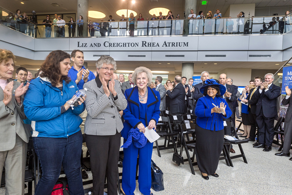 One of MTSU’s most loyal alumni, Dr. Liz Rhea proudly displays hwe “I AM true BLUE” sign during a university Capital Campaign luncheon. The Murfreesboro resident and Eagleville, Tenn., native died Thursday, May 30. (MTSU file photo by Andy Heidt)