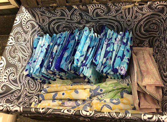 Pictured is one of the baskets of feminine supplies provided by the MTSU student organization Generation Action in restrooms throughout campus. (Submitted photo)