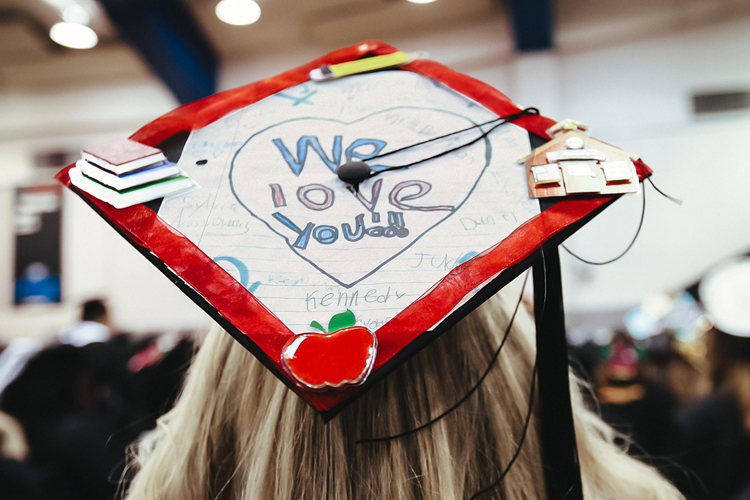 A graduating MTSU student shows off her special personalized mortarboard Saturday, May 4, just before the university’s spring 2019 morning commencement ceremony. MTSU presented 2,145 undergraduates with their diplomas in two events Saturday and 384 graduate students with degrees May 3, bringing the university’s total new alumni to 2,529. (MTSU photo by GradImages)