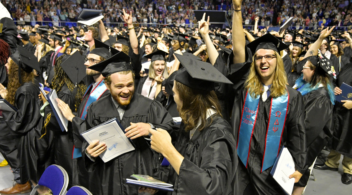 The May 2019 MTSU commencement in Murphy Center sent more than 2,500 graduates either into the workforce or on to graduate school. MTSU’s College of Graduate Studies is offering a limited number of very reduced application fees for summer and fall to make that decision quite a bit easier. (MTSU file photo by Andy Heidt)