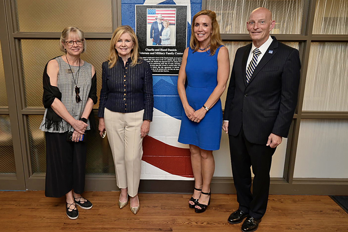 U.S. Sen. Marsha Blackburn visited MTSU’s Charlie and Hazel Daniels Veterans and Military Family Center for the first time Friday, June 21. Pictured outside the center entrance, from left, are Deb Sells, vice president of Student Affairs and vice provost for Enrollment and Academic Services; Blackburn; Daniels Veterans Center Director Hilary Miller; and Keith M. Huber, senior adviser for veterans and military initiatives and a retired U.S. Army lieutenant general. (MTSU photo by Andy Heidt)