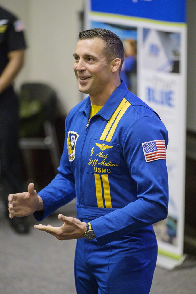 U.S. Marine Corps Maj. Jeff Mullins, a pilot for the U.S. Navy Blue Angels flight demonstration team, gives a presentation Friday, June 7, in the State Farm Lecture Hall inside MTSU’s Business and Aerospace Building in advance of the Blue Angels performance this weekend at the Great Tennessee Air Show in Smyrna, Tenn. (MTSU photo by Andy Heidt)