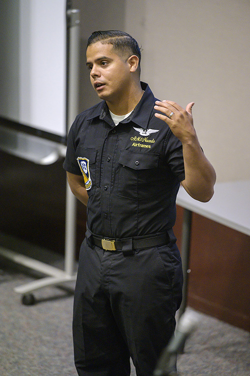 U.S. Navy mechanic Orlando Navedo, part of the support crew for the Blue Angels flight demonstration team, discusses his background during a presentation Friday, June 7, in the State Farm Lecture Hall inside MTSU’s Business and Aerospace Building. Navedo joined Blue Angels pilot and U.S. Marine Corps Maj. Jeff Mullins for the talk in advance of the team’s June 8-9 performance at the Great Tennessee Air Show in Smyrna, Tenn. (MTSU photo by Andy Heidt)