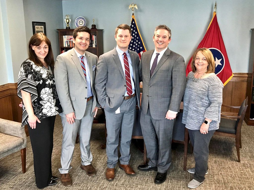 MTSU spring graduate Dalton Slatton, center, of Whitwell, Tenn., is shown earlier this spring inside the offices of state Sen. Jeff Yarbro, for whom Slatton interned during the most recent legislative session in Nashville. Pictured, from left, are Lauren Agee, Yarbro’s senior policy adviser; David Aguilera, research analyst; Slatton; Yarbro, and Diane Irwin, executive assistant. (Submitted photo)