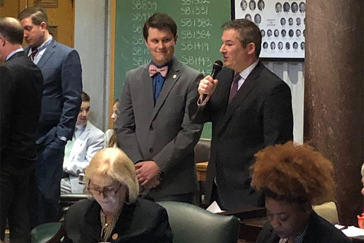 State Sen. Jeff Yarbro, D-Nashville, recognizes MTSU spring graduate Dalton Slatton, center left, of Whitwell, Tenn., on the Senate floor