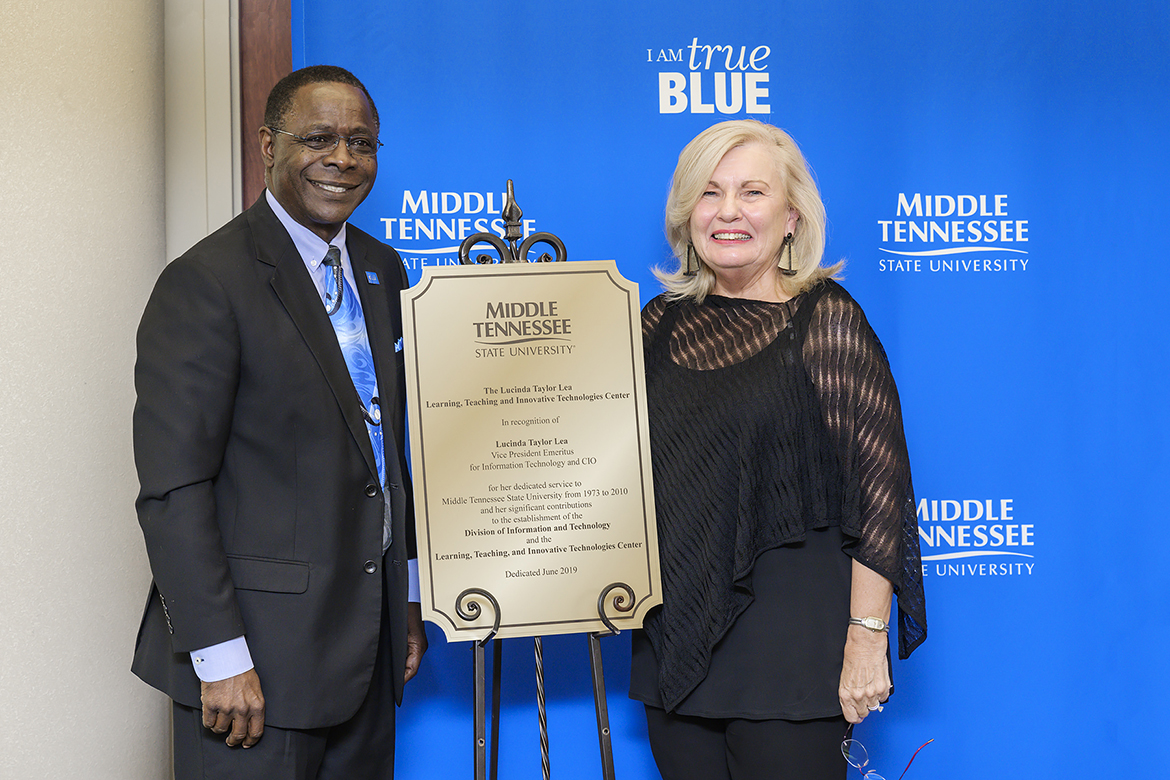 MTSU President Sidney A. McPhee, left, and Lucinda Taylor Lea, retired MTSU vice president emeritus for information technology and chief information officer, are pictured at the special ceremony held June 17 dedicating the Lucinda Taylor Lea Learning, Teaching and Innovative Technologies Center. The center is located on the third floor of the James E. Walker Library. (MTSU photo by Andy Heidt)