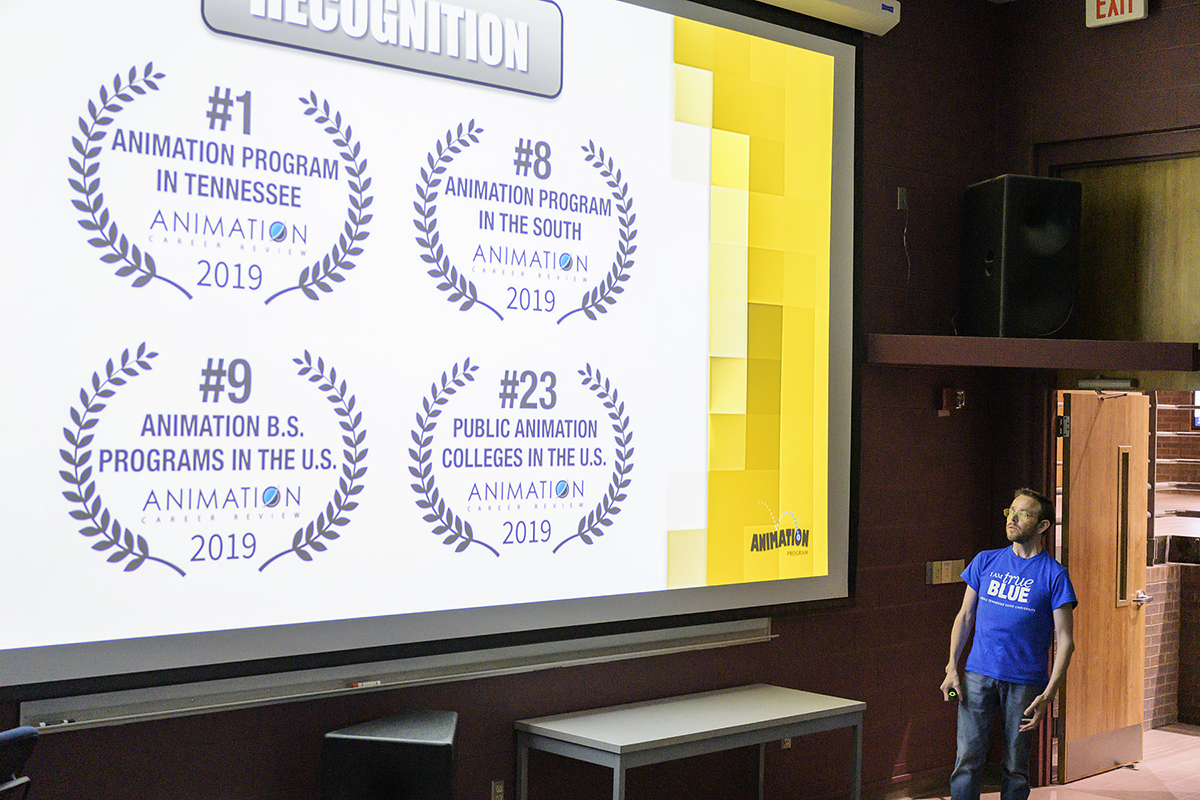 MTSU Media Arts assistant professor Kevin McNulty shares with 2019 Alumni Summer College attendees about the success and high rankings for the popular animation program during the recent three-day gathering on campus in the Bragg Media and Entertainment Building. (MTSU photo by Andy Heidt)