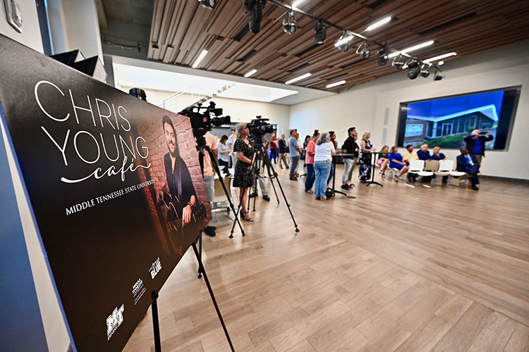 A crowd assembles at the Country Music Association’s Nashville offices for an announcement by multi-platinum country artist Chris Young, a former MTSU student, to support a live performance venue on the MTSU campus that will bear his name. (MTSU photo by J. Intintoli)