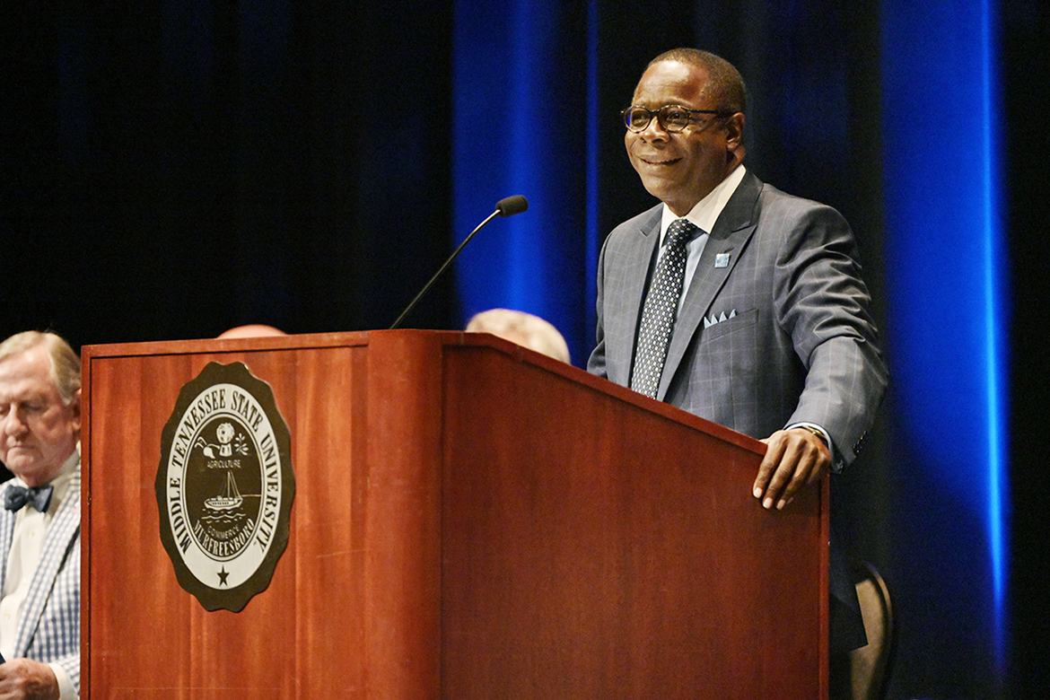 MTSU President Sidney A. McPhee gives his annual State of the University Address during the Fall Faculty Meeting held Thursday, Aug. 22, inside Tucker Theatre. (MTSU photo by Andy Heidt)