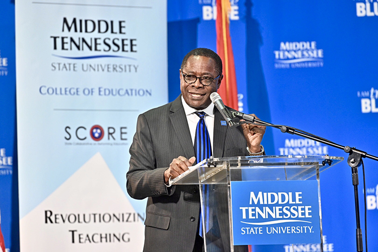 MTSU President Sidney A. McPhee talks about the agreement signed Wednesday, Aug. 28, between Middle Tennessee State University and SCORE (State Collaborative on Reforming Education) that seeks to improve teacher training within the university’s College of Education. The signing was held at Homer Pittard Campus School, a K-5 teaching laboratory school owned by MTSU and operated by Rutherford County Schools. (MTSU photo by J. Intintoli)