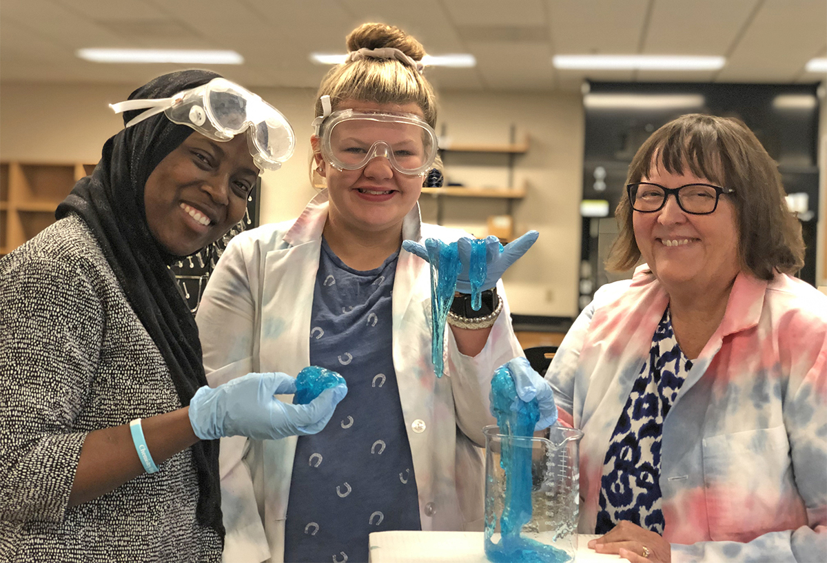 Tomilayo Bello, left, an MTSU master’s degree candidate in chemistry, Expanding Your Horizons participant Fiona McGoffin and chemistry professor Judith Iriarte-Gross make slime in a MTSU Science Building lab. McGoffin, 12, is a seventh-grader at Central Magnet School. The deadline for the 2019 EYH is Aug. 31. (Submitted photo)