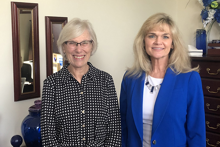 Marilyn H. Oermann, the Thelma M. Ingles Professor of Nursing at Duke University, left, is shown with Jenny Sauls, director of the MTSU School of Nursing, following Oermann’s talk to nursing faculty Aug. 19 about how to get published in academic journals. (Submitted photo)