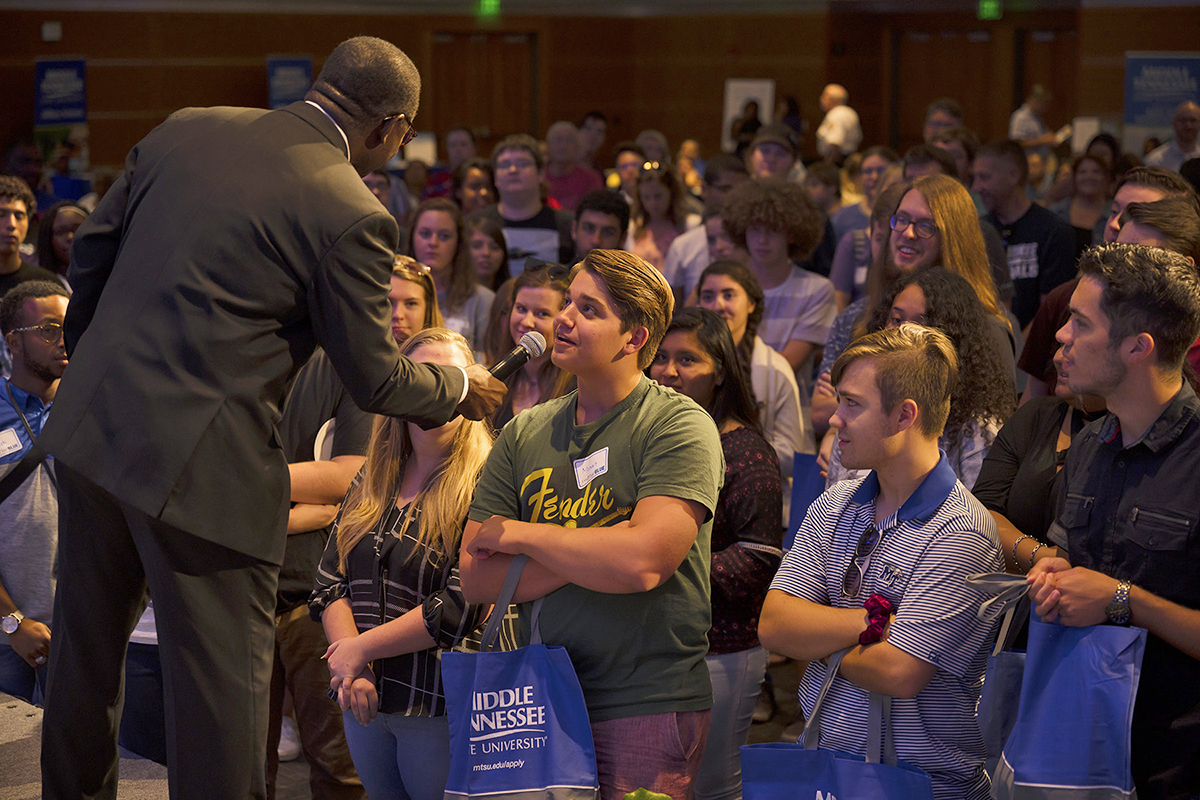 MTSU President Sidney A. McPhee learns about a prospective student’s interest in coming to MTSU during the recent fall 2019 True Blue Tour kickoff event in the Student Union Ballroom. Rutherford County was the first stop on the 14-city tour, and the president announced a new scholarship incentive. (MTSU photo by Cat Murphy)
