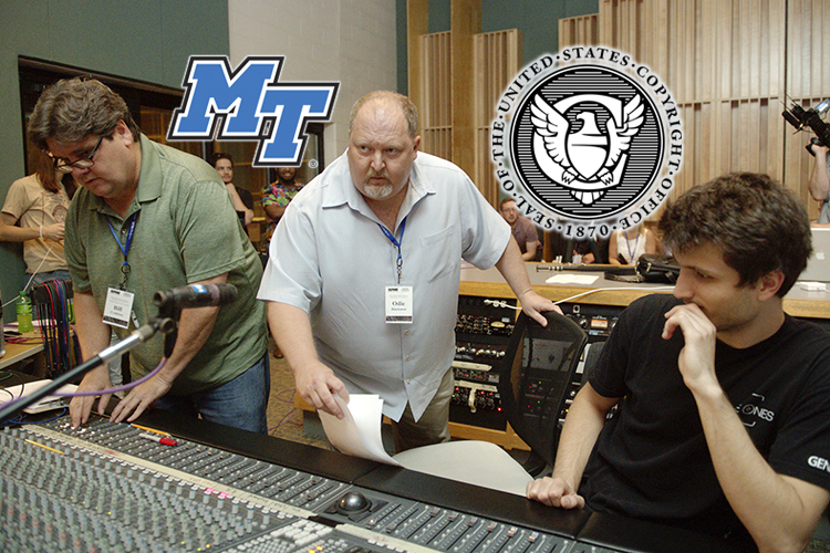 MTSU Commercial Songwriting Program coordinator Odie Blackmon, center, watches a recording engineering demonstration in the College of Media and Entertainment's Studio B during the summer 2018 Association for Popular Music Educators conference on campus. Colleague Bill Crabtree, left, an assistant professor in the Department of Recording Industry who specializes in audio production, adjusts levels on the console while Gleb Iarovoi, right, a graduate student in the Master of Fine Arts in Recording Arts and Technologies Program, listens closely. Blackmon is a member of the newly created U.S. Copyright Office Music Licensing Collective's Dispute Resolution Committee, which is tasked with setting up rules by January 2021 to ensure that songwriters receive proper royalties for digital plays of their music. (MTSU file photo by J. Intintoli)