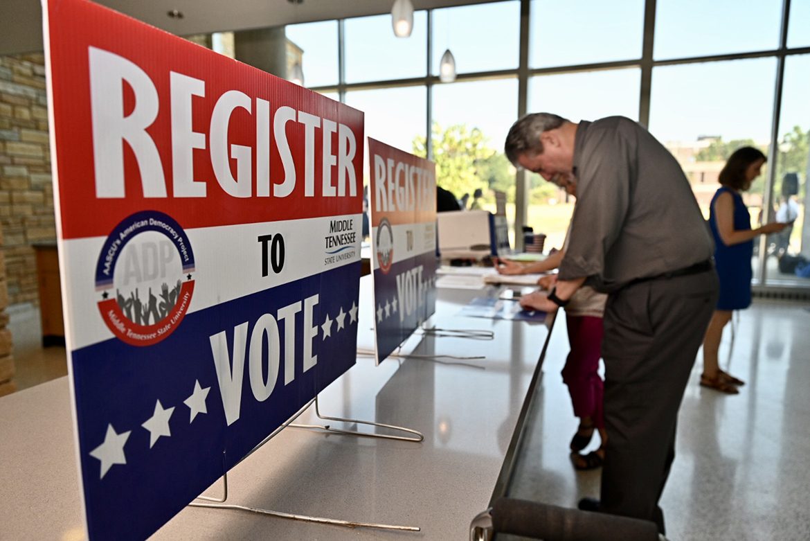 This voter registration table inside the Science Building was among multiple locations set up Tuesday, Sept. 17, across campus as part of MTSU 2019 Constitution Day celebration. (MTSU photo by J. Intintoli)