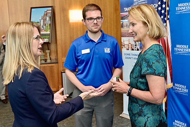 Former Tennessee House Speaker Beth Harwell, right, chats Tuesday, Sept. 24, with MTSU College of Liberal Arts Dean Karen Petersen, left, and Matthew Hibdon, strategic communications manager in the College of Liberal Arts, inside the Student Union Building prior to the university’s announcement that Harwell has been named a Distinguished Visiting Professor in political science. (MTSU photo by Andy Heidt)