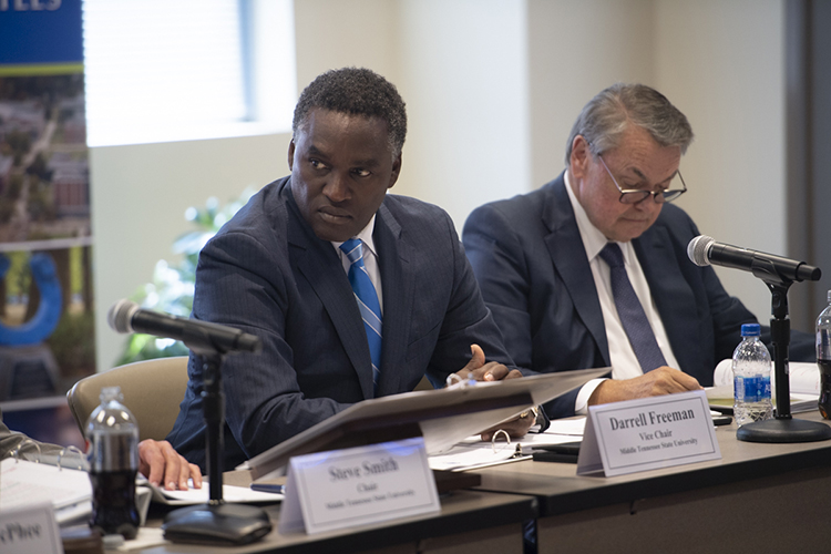 MTSU Board of Trustees Vice Chairman Darrell Freeman, center left, was reelected to a two-year term during the board’s quarterly meeting held Wednesday, Sept. 18, at the Miller Education Center on Bell Street. At right is Trustee Joey Jacobs. (MTSU photo by James Cessna)