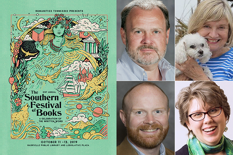 2019 Southern Festival of Books poster with MTSU-affiliated participants clockwise from center left: MTSU English professor Gaylord Brewer, author and MTSU language professor emerita Juen Hall McCash, alumna, author and Murfreesboro poet laureate Kory Wells, and alumnus and IngramSpark business development manager Josh Floyd.