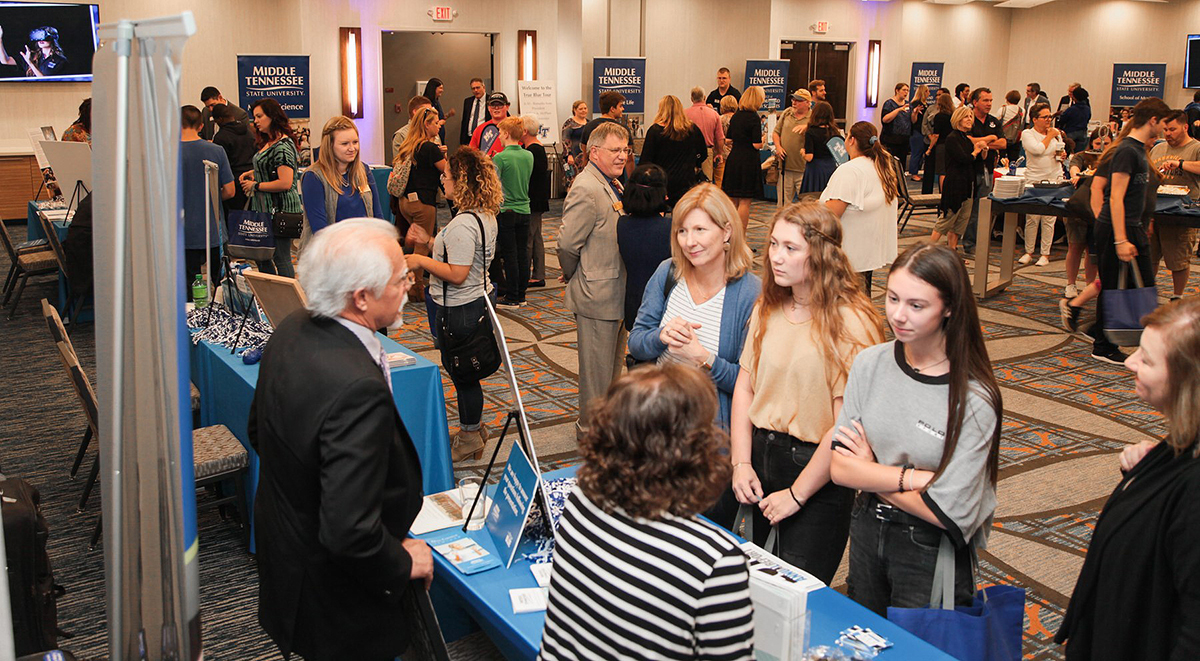 Prospective students and their families from the Clarksville, Tenn., area visited with MTSU colleges and departments Thursday, Oct. 10, at the TownePlace Suites by Marriott during the True Blue Tour recruiting visit. (MTSU photo by John Goodwin)