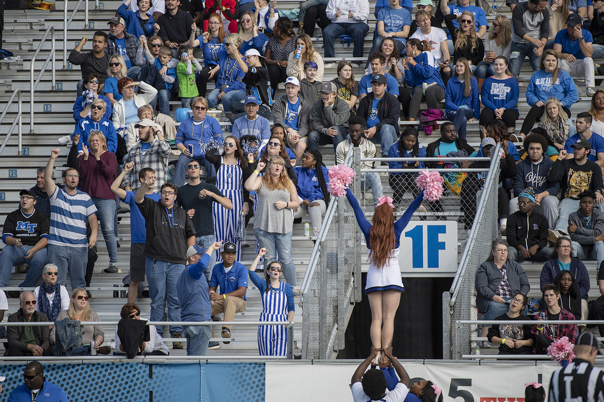 MTSU fans cheer on the Blue Raiders during the 2018 Homecoming Game in Floyd Stadium. The Blue Raiders play Florida International University at 2:30 p.m. Saturday, Oct. 26, in this year’s Homecoming Game. (MTSU file photo by Andy Heidt)