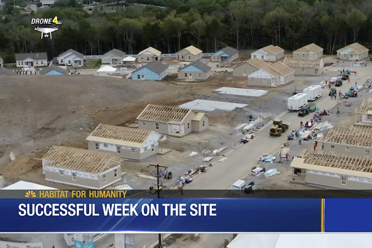 This screen grab of a video report by WSMV-TV Channel 4 in Nashville shows the scope of the Habitat for Humanity home build supported by the Jimmy and Rosalynn Carter Work Project in Nashville to construct 21 homes in early October. (Courtesy of WSMV-TV)