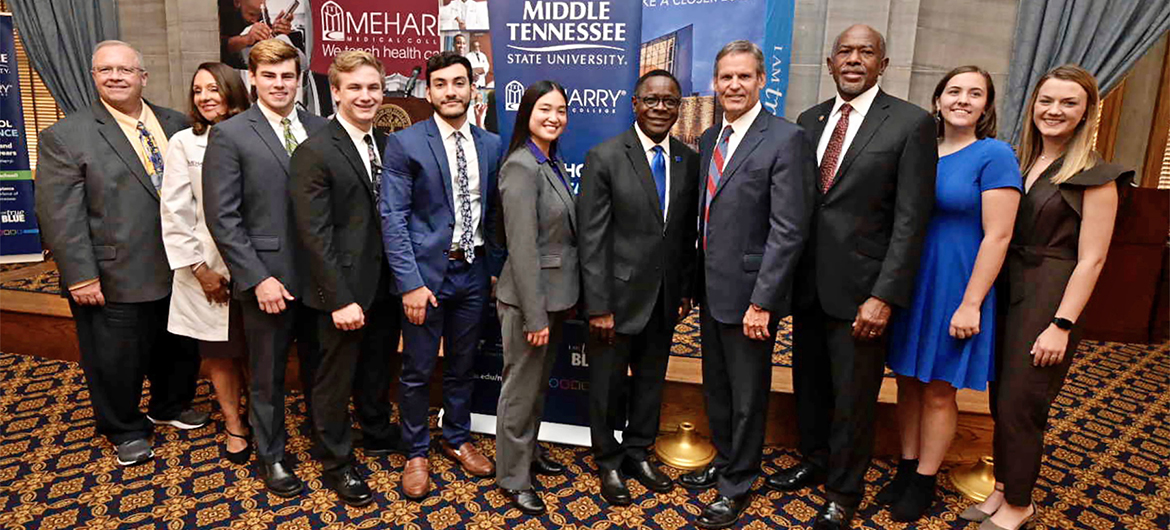 MTSU and Meharry Medical College held a special ceremony Thursday, Oct. 3, at the state Capitol to recognize the six students accepted into the inaugural class of the Medical School Early Acceptance Program, a partnership between MTSU and Meharry to fast-track students to a medical degree in seven years through course work at both institutions. Pictured, from left, are Bud Fischer, dean of the MTSU College of Basic and Applied Sciences; Dr. Veronica Mallett, dean of Meharry’s School of Medicine; students Curtis Dearing of Decatur, Pierce Creighton of Lascassas, Kirolos Michael of Brentwood, and Maria Hite of La Vergne; MTSU President Sidney A. McPhee; Tennessee Gov. Bill Lee; Meharry Medical College President James Hildreth; and students Claire Ritter of Nashville and Julianna Turner of Dyer. (MTSU photo by Andy Heidt)