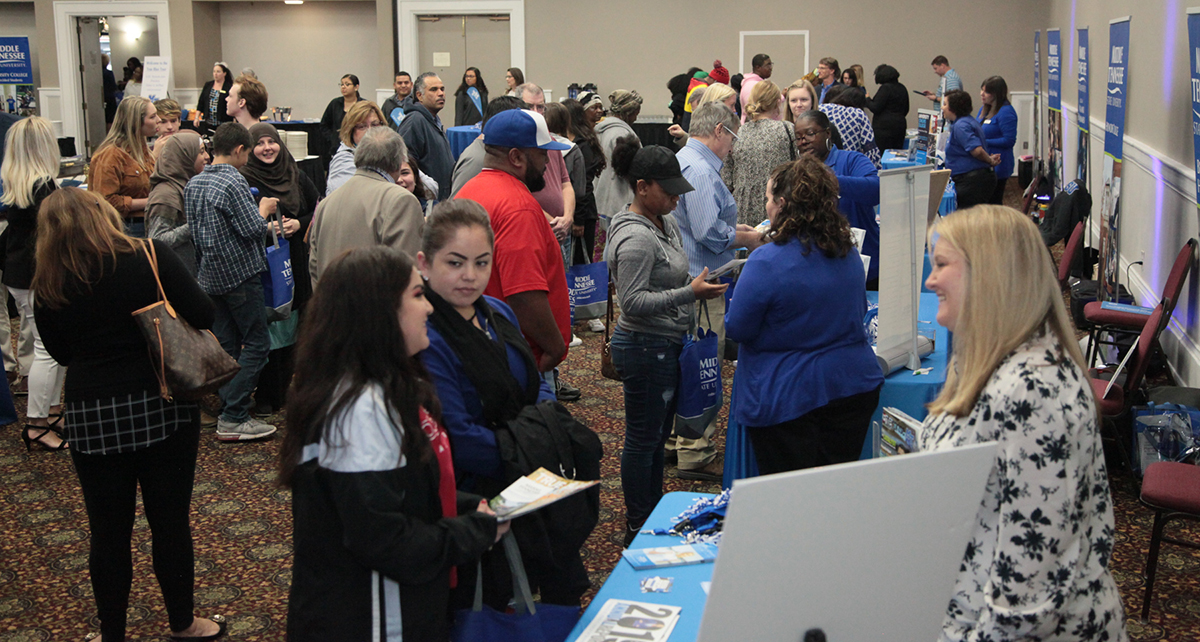 Part of the crowd that attended the Nashville True Blue Tour visit Tuesday, Oct. 22, at the Millennium Maxwell House Hotel. Attendees learned about MTSU’s more than 300 programs, housing, scholarships and more during the two-hour event. (MTSU photo by John Goodwin)
