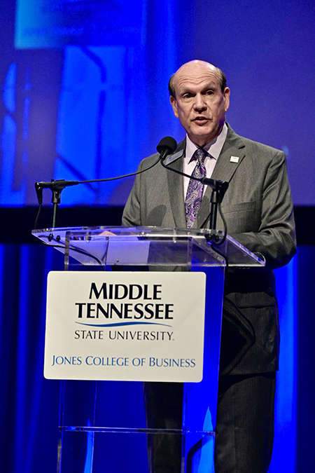 David Urban, dean of the Jennings A. Jones College of Business at MTSU, gives welcoming remarks at the 2019 Leadership Summit held Friday, Sept. 27, in the Student Union Ballroom. (MTSU photo by Andy Heidt)