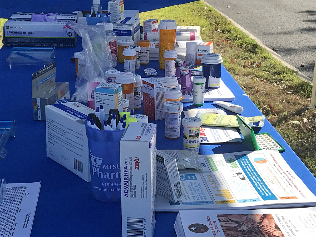 prescription and over-the-counter medications are shown during the MTSU Drug Take-Back Day Thursday, Oct. 24, near the Campus Pharmacy drive-thru outside the Student Health, Wellness and Recreation Center on the east side of campus. More than 83 pounds was collected. (MTSU photo by Randy Weiler)