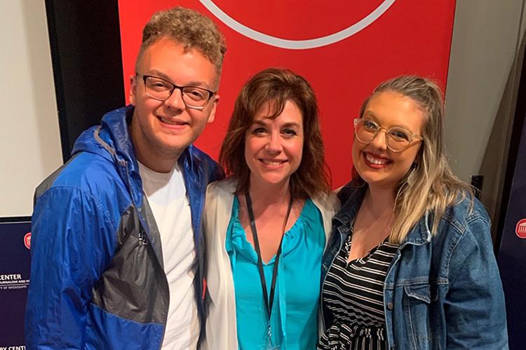 Christine Eschenfelder, center, an assistant professor in the MTSU College of Media and Entertainment’s School of Journalism and Strategic Media, is shown with juniors Brandon Casteel, left, and Christyn Allen, right, at the recent Lens Collective 2019 multimedia storytelling workshop at the University of Mississippi. (Submitted photo)