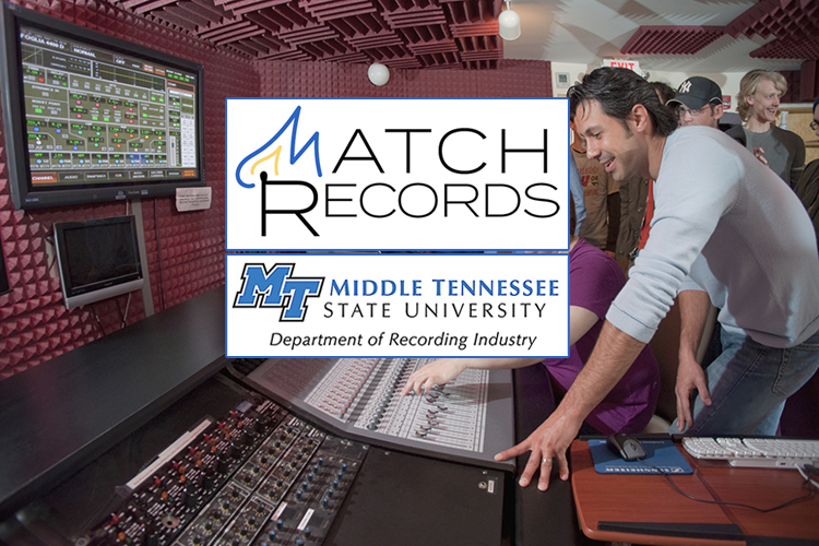 The new logo for MTSU’s student-run label, Match Records, and the Department of Recording Industry logo are superimposed over a file photo of recording industry professor Matt Foglia working with students in Ezell Studio D. (MTSU photo by Andy Heidt)