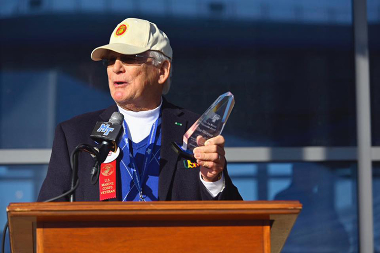 MTSU alumnus and U.S. Marines veteran Don Witherspoon (Class of 1964) accepts the Dr. Joe Nunley Award at the Veterans’ Picnic as part of the activities for the 38th Salute to Veterans and Armed Forces game Saturday, Nov. 16. (MTSU photo)