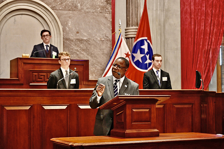 MTSU President Sidney A. McPhee delivers the keynote address at Thursday’s opening session of the 2019 Tennessee Intercollegiate State Legislature on the floor of the House chamber at the State Capitol in Nashville, Tenn. (MTSU photo by Andrew Oppmann)