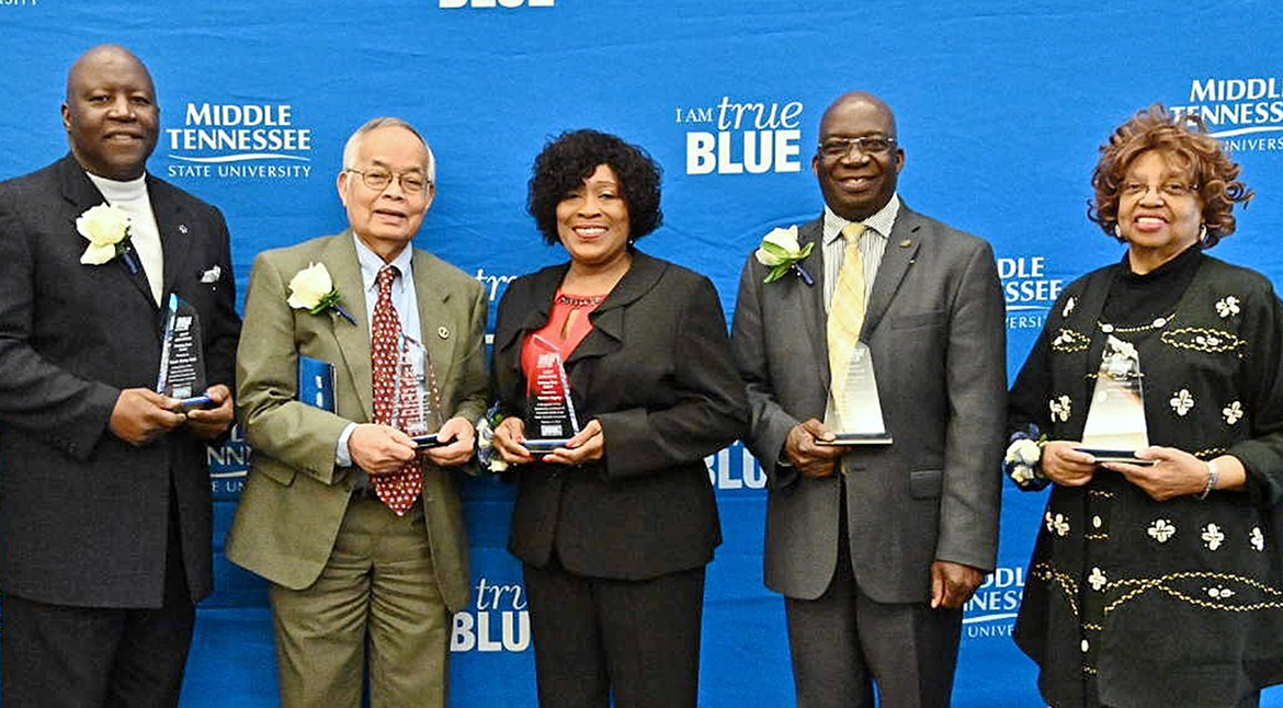 In this February 2019 file photo, the community “unsung hero” honorees at the 23rd annual Unity Luncheon at MTSU are, from left, Rickey Field, excellence in sports; Chantho Sourinho, advocate for civility; Martha Bigsby, community service; Frank Michello, education; and Carolyn Sneed Lester, contribution to black arts. The deadline to submit nominees for the 2020 awards is Dec. 16. (MTSU file photo by J. Intintoli)