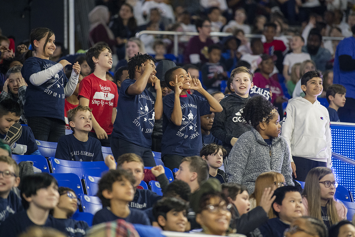 Students from Scales Elementary School had fun making faces and cheering on the MTSU Lady Raiders during their 63-42 Education Day victory against visiting Lipscomb University in Murphy Center Wednesday, Dec. 4. (MTSU photo by Andy Heidt)