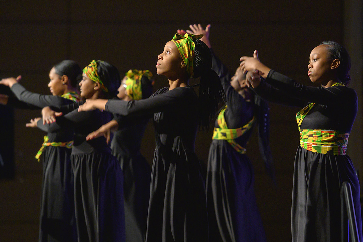 Members of the First Baptist Church Youth Group perform a dance tribute Monday, Jan. 20, at the 2020 Martin Luther King Jr. Day Candlelight Vigil hosted by Middle Tennessee State University inside the Student Union Ballroom. (MTSU photo by Cat Curtis Murphy)