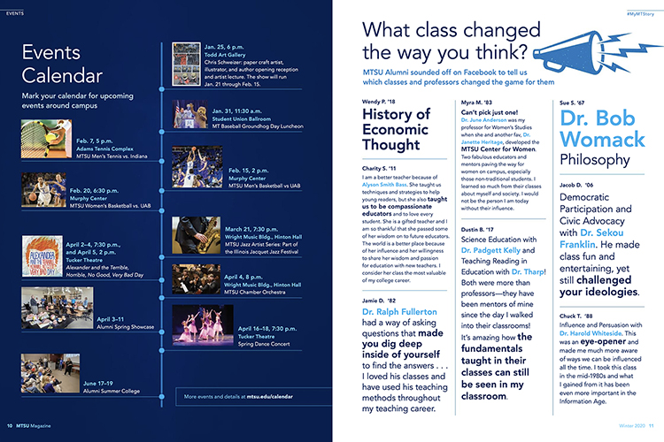 These are two of the new features — Events on the left and #MyMTStory at right — unveiled in the newly redesigned MTSU magazine recently distributed to the university roughly 130,000 living alumni.