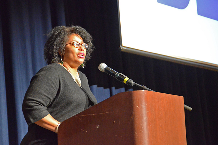 Independent filmmaker Jacqueline Olive talks about her documentary “Always in Season” before it is screened Feb. 10 in the James Union Building’s Tennessee Room. (MTSU photo by Jimmy Hart)