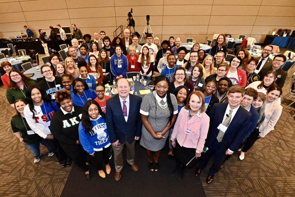 College students from across the state gathered in February 2020 for the Tennessee Campus Civic Summit in the Middle Tennessee State University Student Union. Among those taking part were MTSU political science professor Kent Syler, front row second from left, state Sen. London Lamar of Memphis, Tenn., and Beth Harwell, current MTSU Distinguished Visiting Professor and former Tennessee House speaker. More than 100 students, campus representatives and elected officials are set to attend the 2024 summit on Friday, Feb. 23, at the Miller Education Center, 503 Bell St., in Murfreesboro. (MTSU file photo by J. Intintoli)