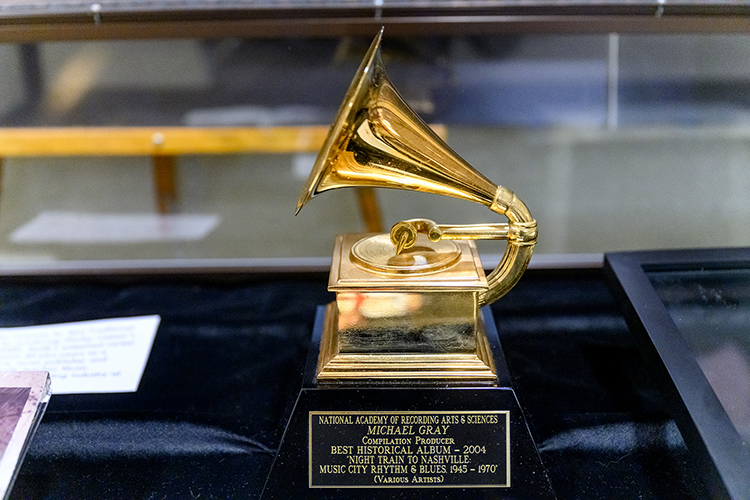 MTSU alumnus Michael Gray's (B.S. '92, M.S. '97) Best Historical Album Grammy, received in 2005 for co-producing "Night Train to Nashville: Music City Rhythm & Blues, 1945–1970," is included in “A Legacy of Excellence: MTSU at the Grammys,” an exhibit on display at the university's James E. Walker Library through the end of February. (MTSU photo by J. Intintoli)