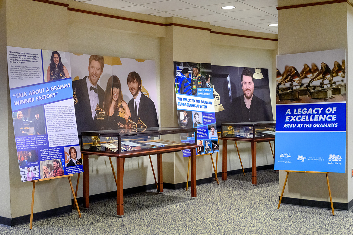Some of the MTSU connections for the annual Grammy Awards are shown in posters on display in an exhibit at the university's James E. Walker Library, “A Legacy of Excellence: MTSU at the Grammys,” through the end of February. Alongside display cases with Grammy memorabilia are posters showing former MTSU student and multi-Grammy winner Hillary Scott of Lady Antebellum, alumnus and multi-Grammy winner Luke Laird (B.S. '01), multi-Grammy nominee Eric Paslay (B.S. '05), former students and multi-Grammy nominees Sam Hunt and Chris Young, multi-Grammy winner Josh Kear (B.S. ‘96), nominees BryTavious "Tay Keith" Chambers (B.S. '18) and Michael "Anderson East" Anderson (B.S. '10), Grammy winner and multiple nominee Torrance “Street Symphony" Esmond (B.S. '03), multiple winners/nominees and former students Lecrae Moore and Amy Lee, and nominees Brandon Heath (B.U.S. ’03) and Jimmy Mansfield (B.S. '14). (MTSU photo by J. Intintoli)