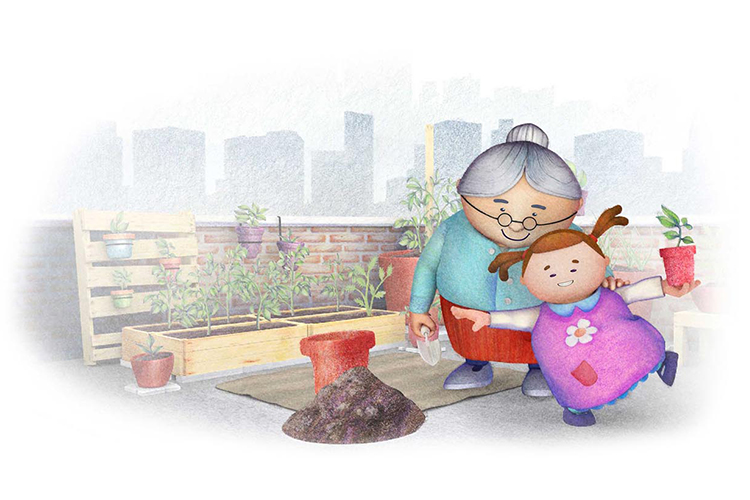 Milly and her grandma learn and play in their rooftop garden in this illustration from MTSU animation professor Rodrigo Gomez’s new children’s book, “Milly & Roots: The Headscarf.”