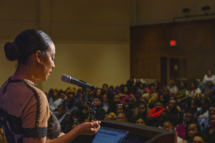 Washington, D.C.-based activist Angela Rye delivers the MTSU Black History Month keynote address Feb. 26 in the Tennessee Room of the James Union Building. Rye also serves as a political commentator for CNN and political analyst for National Public Radio. (MTSU photo by Cat Curtis Murphy)