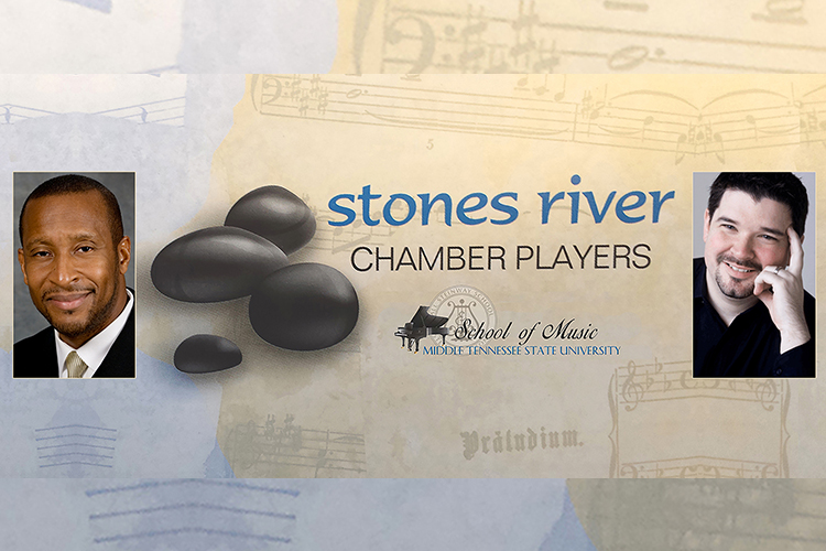 Stones River Chamber Players logo with MTSU School of Music logo, accompanied by photos of music professors Cedric Dent and Paul Osterfield