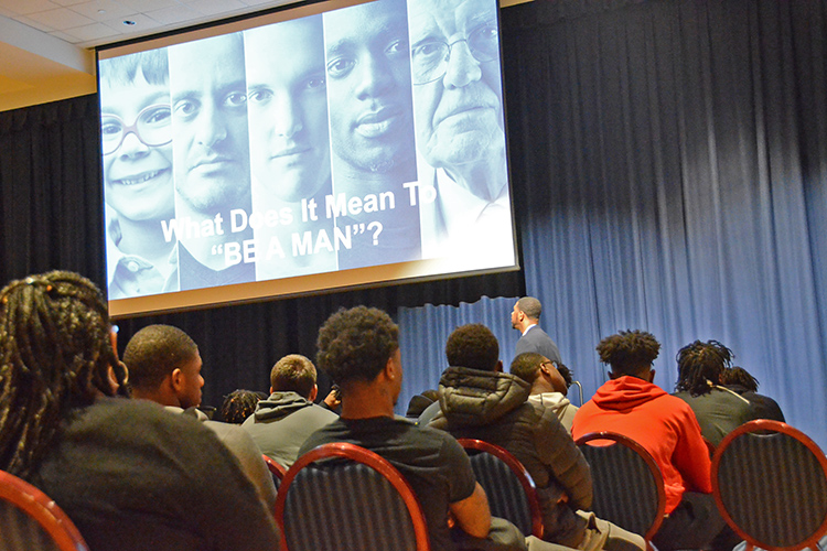 Former Vanderbilt University and professional basketball player Shan Foster speaks to student-athletes and other men attending his “Creating a Culture of Non-Violence and Healthy Masculinity” public talk for women and men held Feb. 11 in the Tennessee Room of the James Union Building. (MTSU photo by Jimmy Hart)