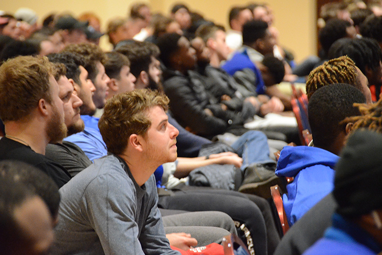 Hundreds of student-athletes listen to former Vanderbilt University and professional basketball player Shan Foster during his “Creating a Culture of Non-Violence and Healthy Masculinity” public talk for women and men Feb. 11 in the Tennessee Room of the James Union Building. (MTSU photo by Jimmy Hart)