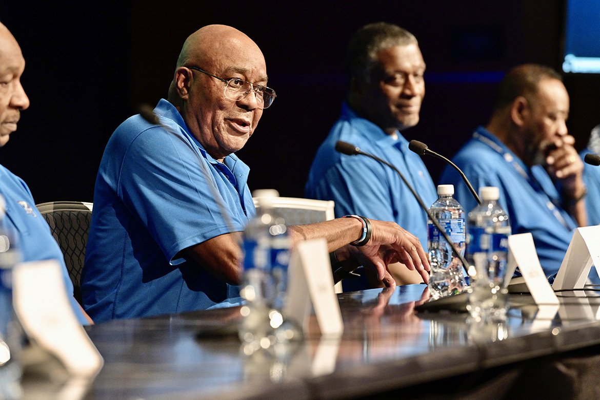 Former MTSU basketball player Terry Scott, second from left, discusses his experiences at the True Blue Pioneers event held Thursday, Feb. 6, in the Student Union Ballroom. Scott and seven other of the university’s first black student-athletes returned to campus for a panel discussion about their experiences. Also pictured are Lonnell Poole, far left, Jerry Singleton and J.W. Harper, far right. MTSU photo by Andy Heidt)