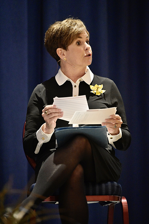 Demetria Kalodimos, longtime broadcast journalist and executive producer of the new Nashville Banner, makes a point during a panel discussion “By One Vote: Woman Suffrage in the South 100 Years Later” March 3 in the James Union Building. The discussion followed the MTSU National Women’s History Month opening ceremony. (MTSU photo by Andy Heidt)