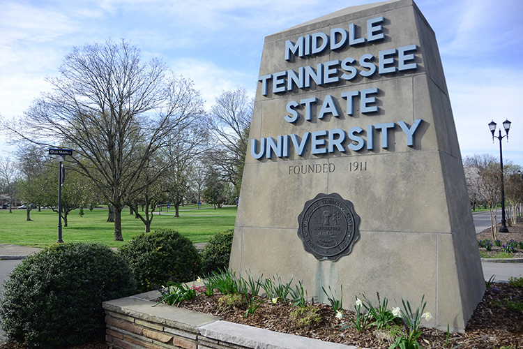 Entrance to Middle Tennessee State University campus at East Main and Old Main Circle. (MTSU photo by Jimmy Hart)